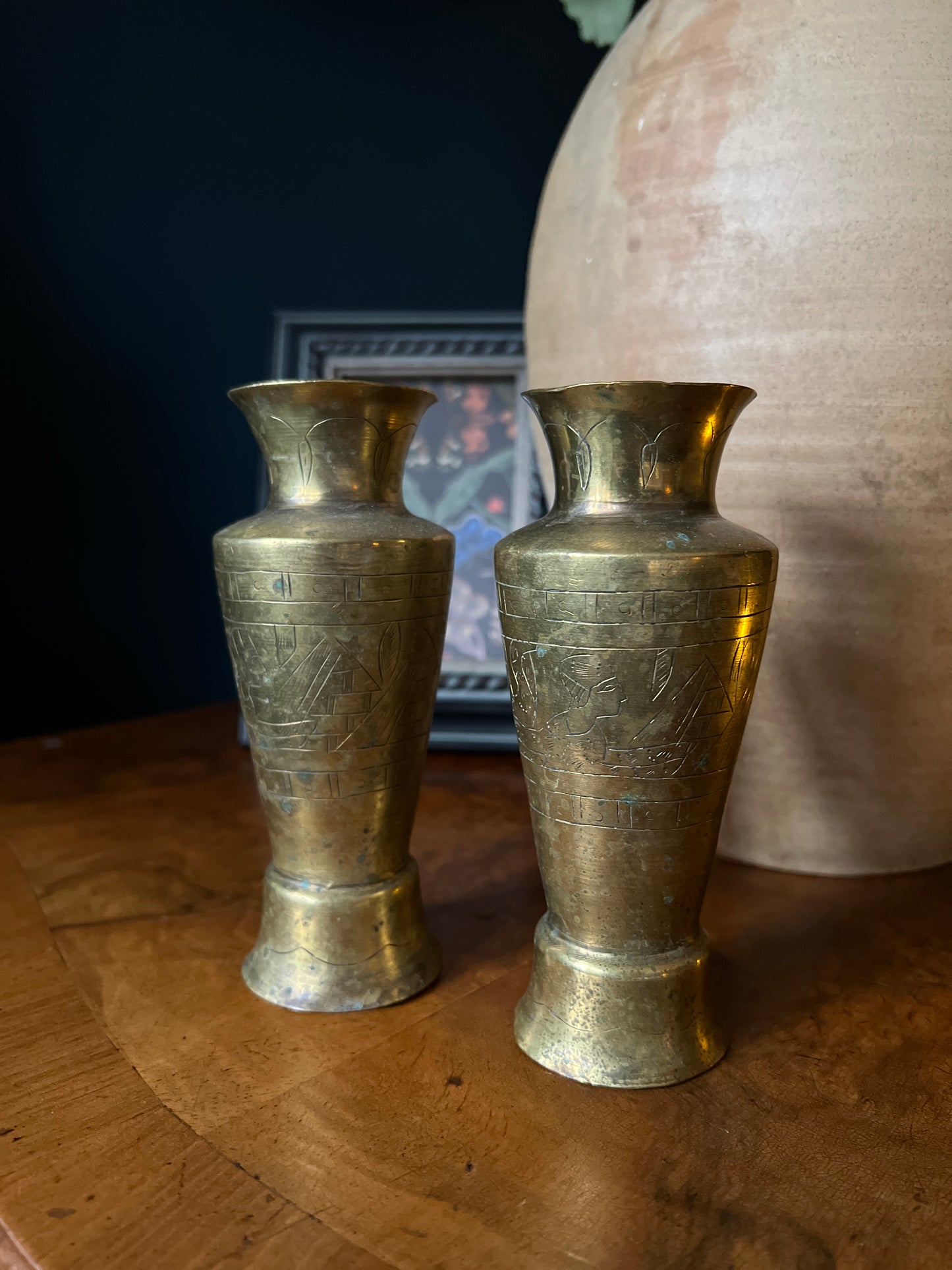 Pair of brass vases with Egyptian design