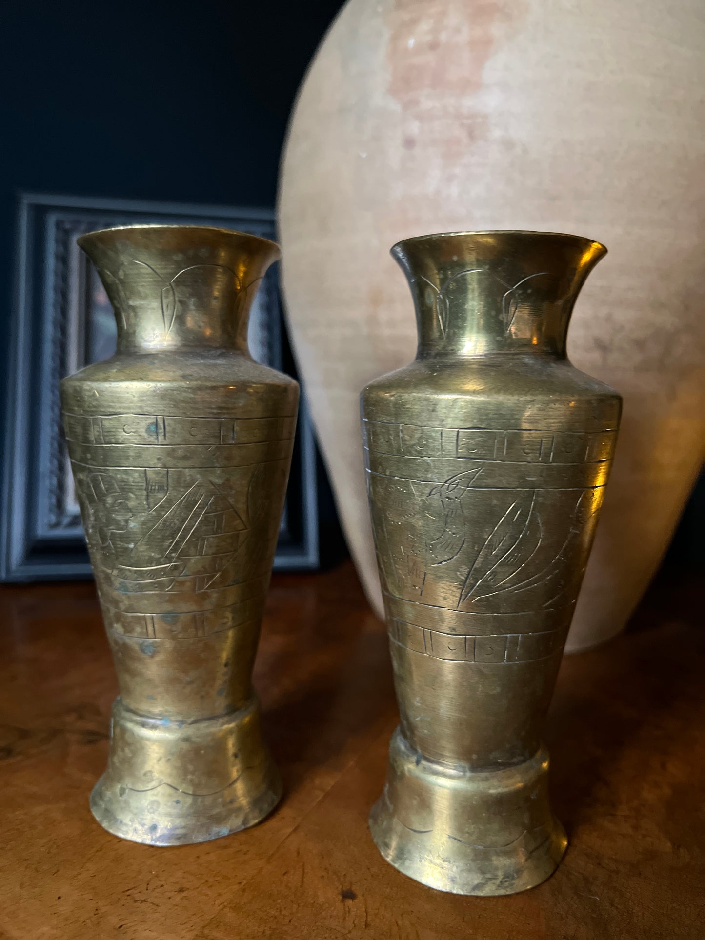 Pair of brass vases with Egyptian design