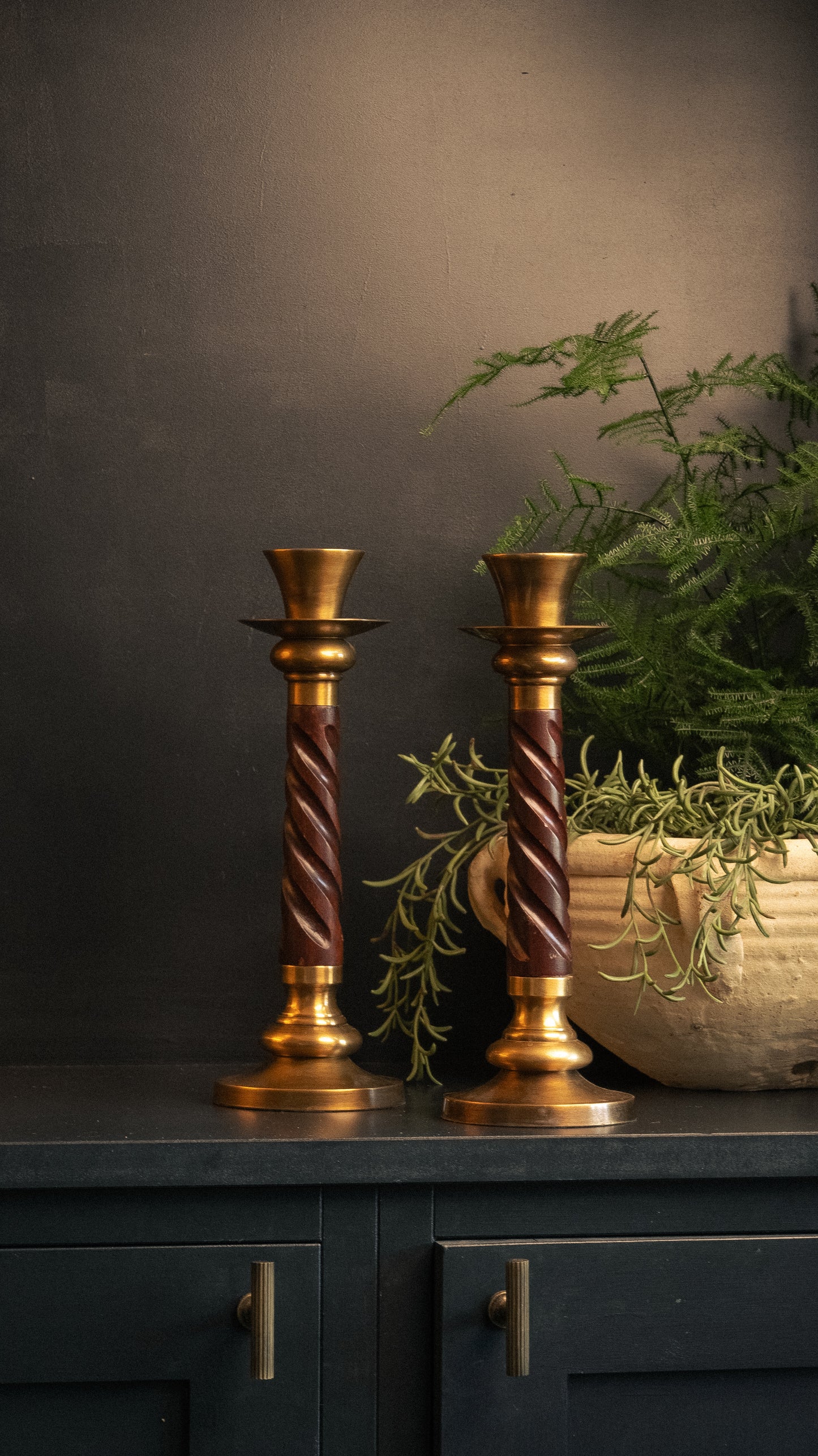 Pair Wood & Brass Barley Twist Candle Sticks