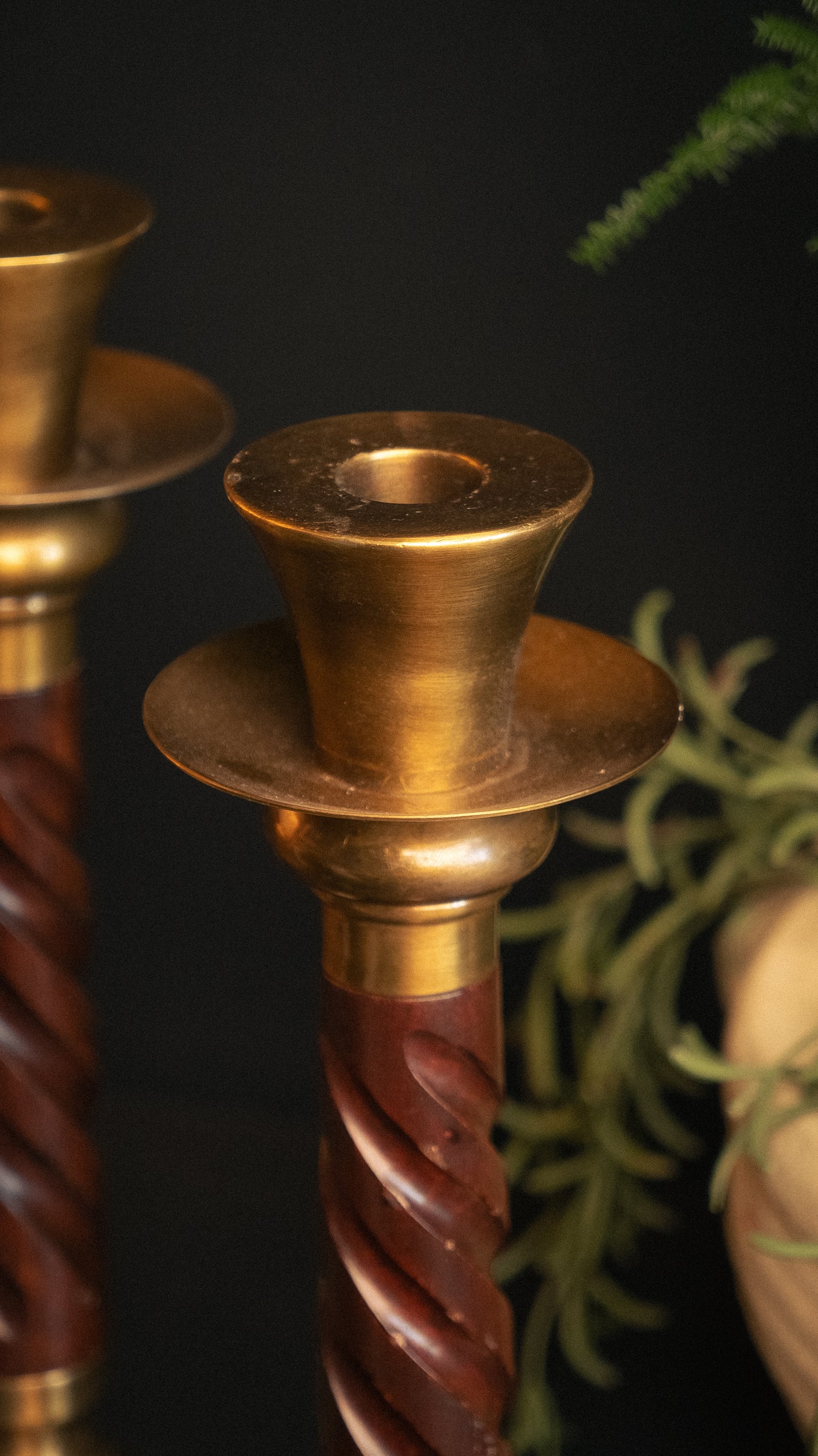 Pair Wood & Brass Barley Twist Candle Sticks