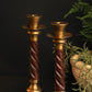 Pair Wood & Brass Barley Twist Candle Sticks