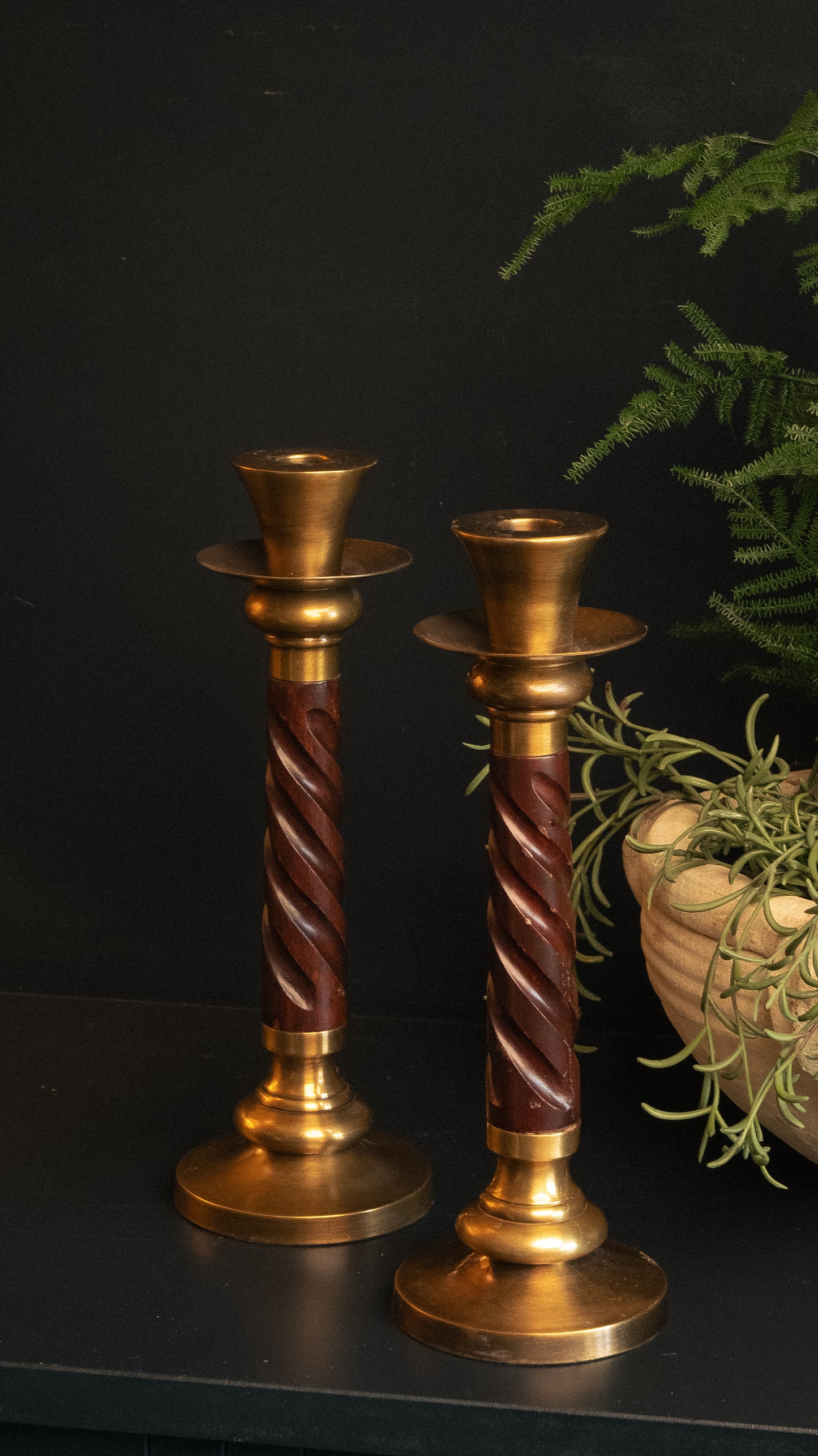 Pair Wood & Brass Barley Twist Candle Sticks