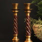 Pair Wood & Brass Barley Twist Candle Sticks