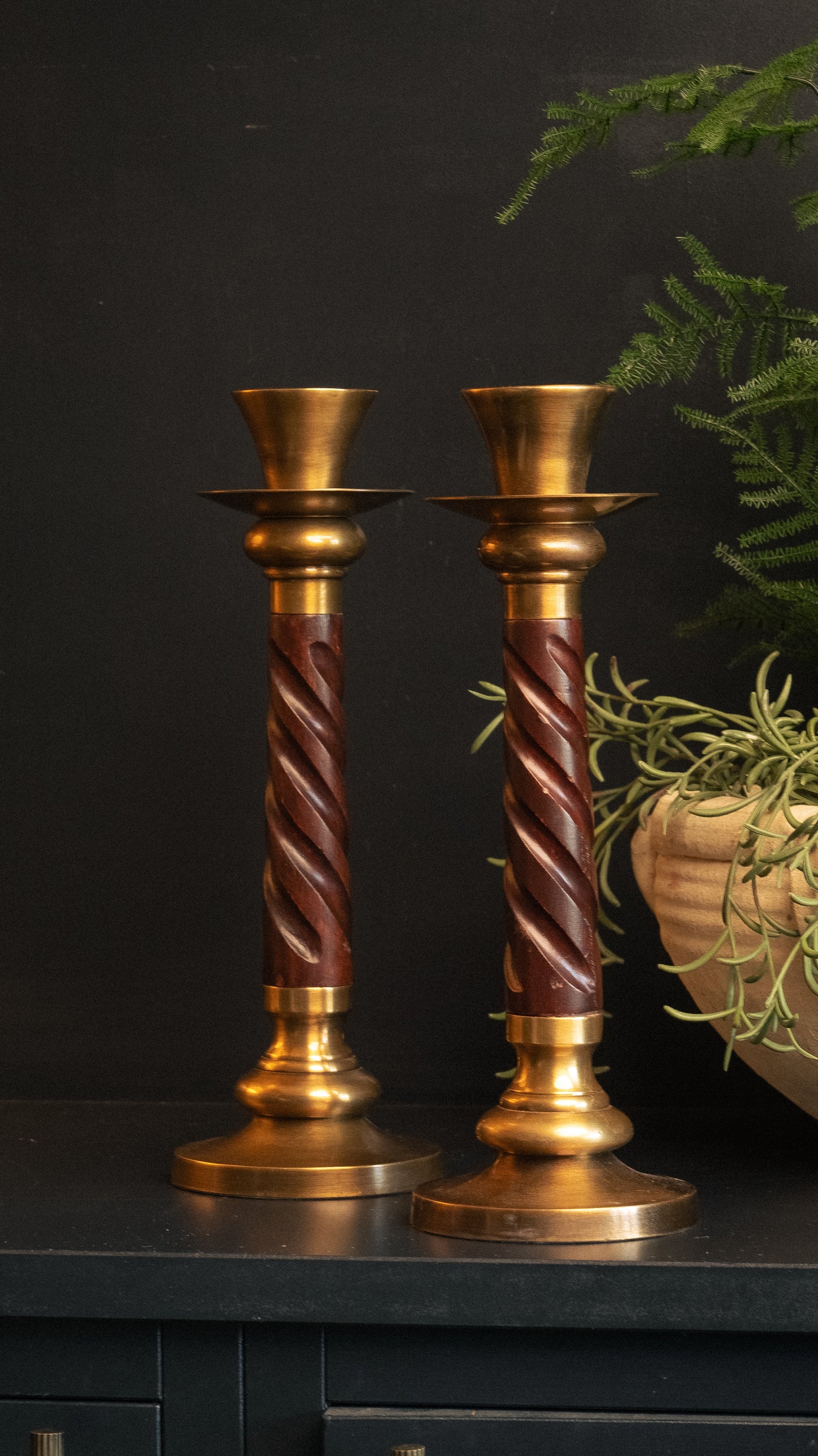 Pair Wood & Brass Barley Twist Candle Sticks